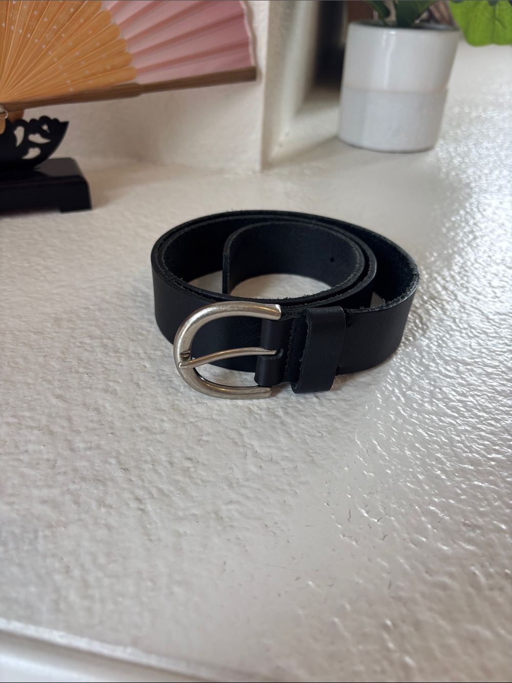 Classic Black Leather Belt with Silver Buckle